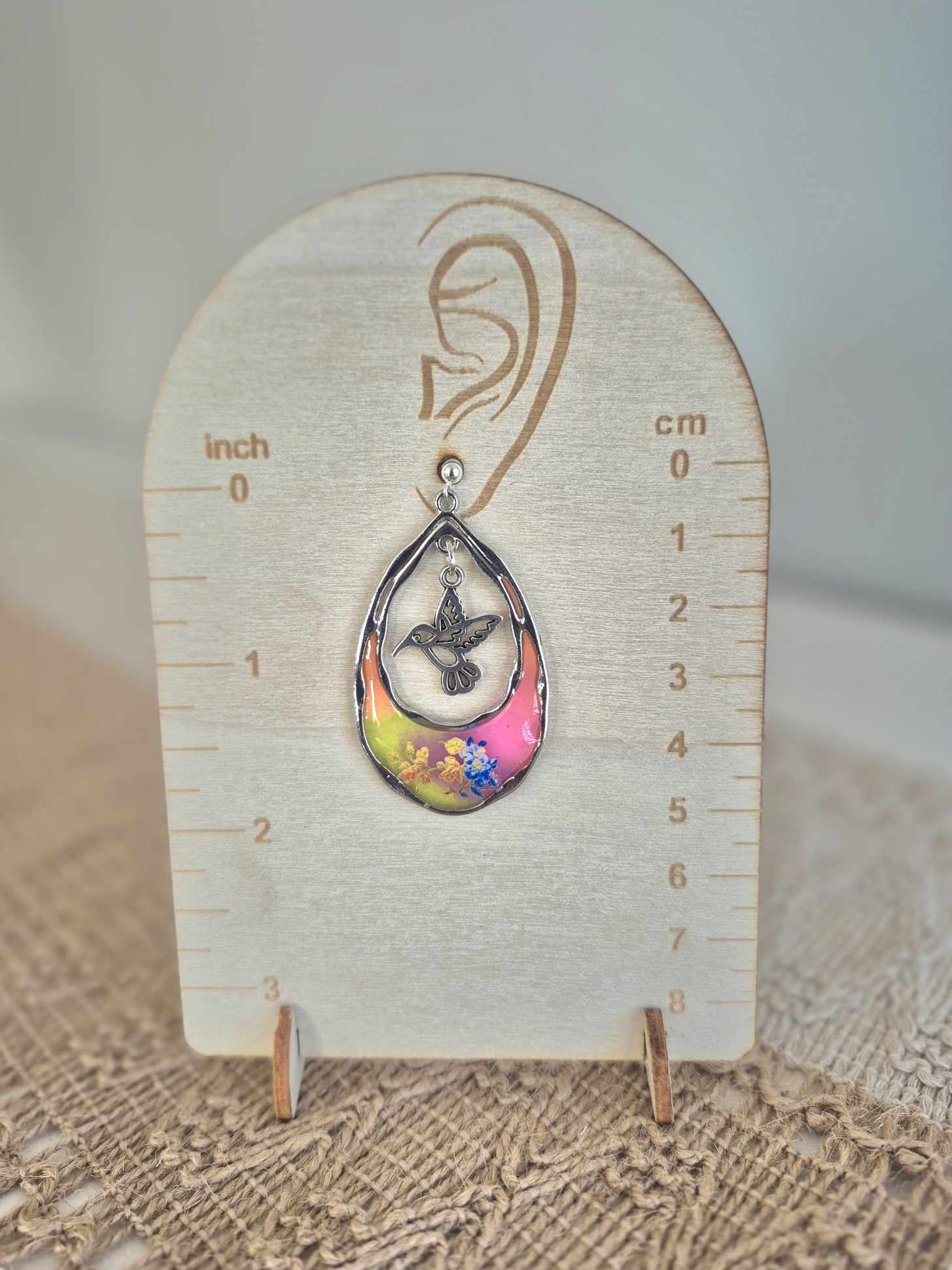 Sterling Silver Drop Stud Resin Hummingbird Earrings