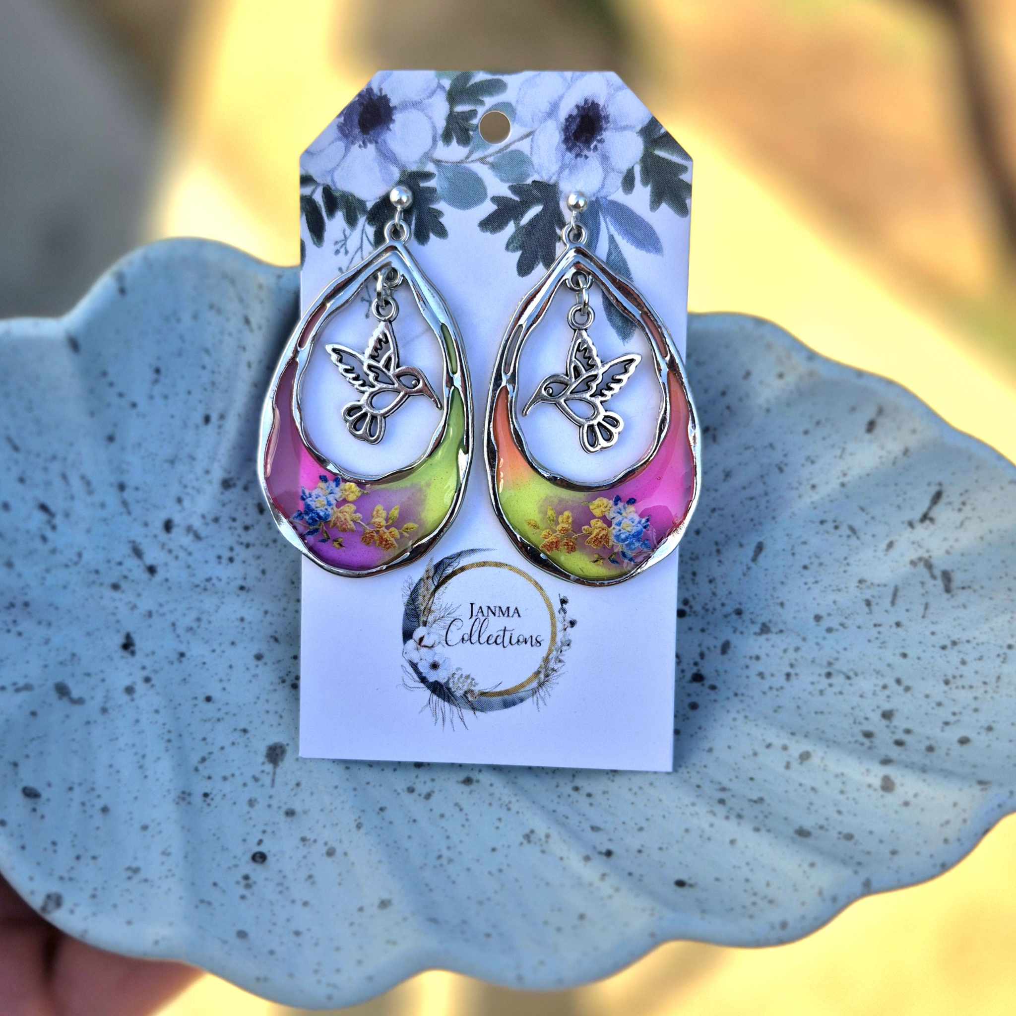 Sterling Silver Drop Stud Resin Hummingbird Earrings