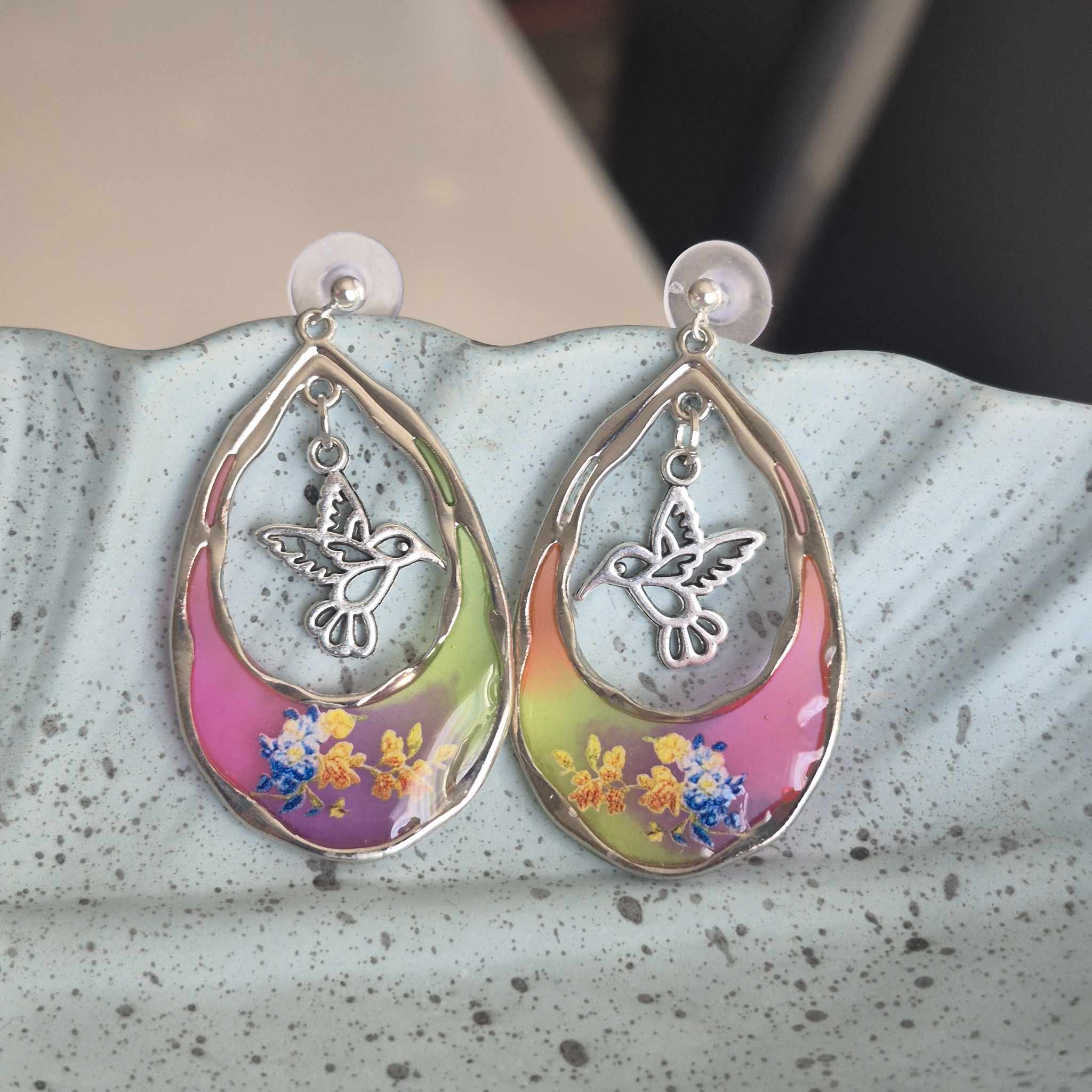 Sterling Silver Drop Stud Resin Hummingbird Earrings