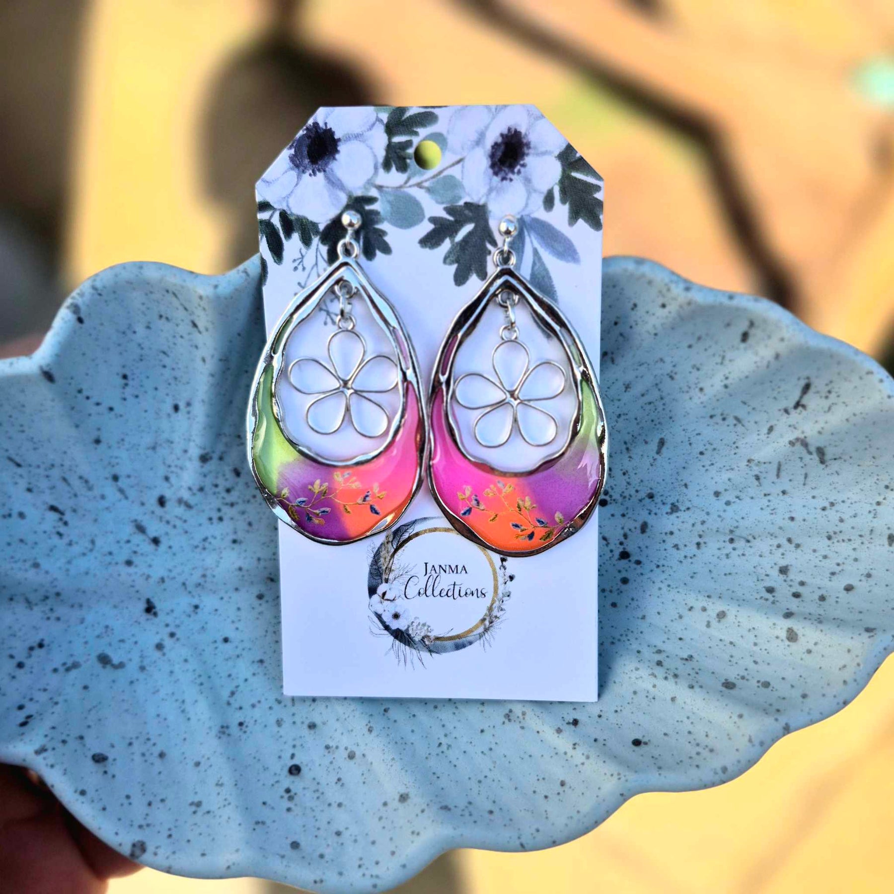 Sterling Silver Stud Drop Resin Flower Earrings