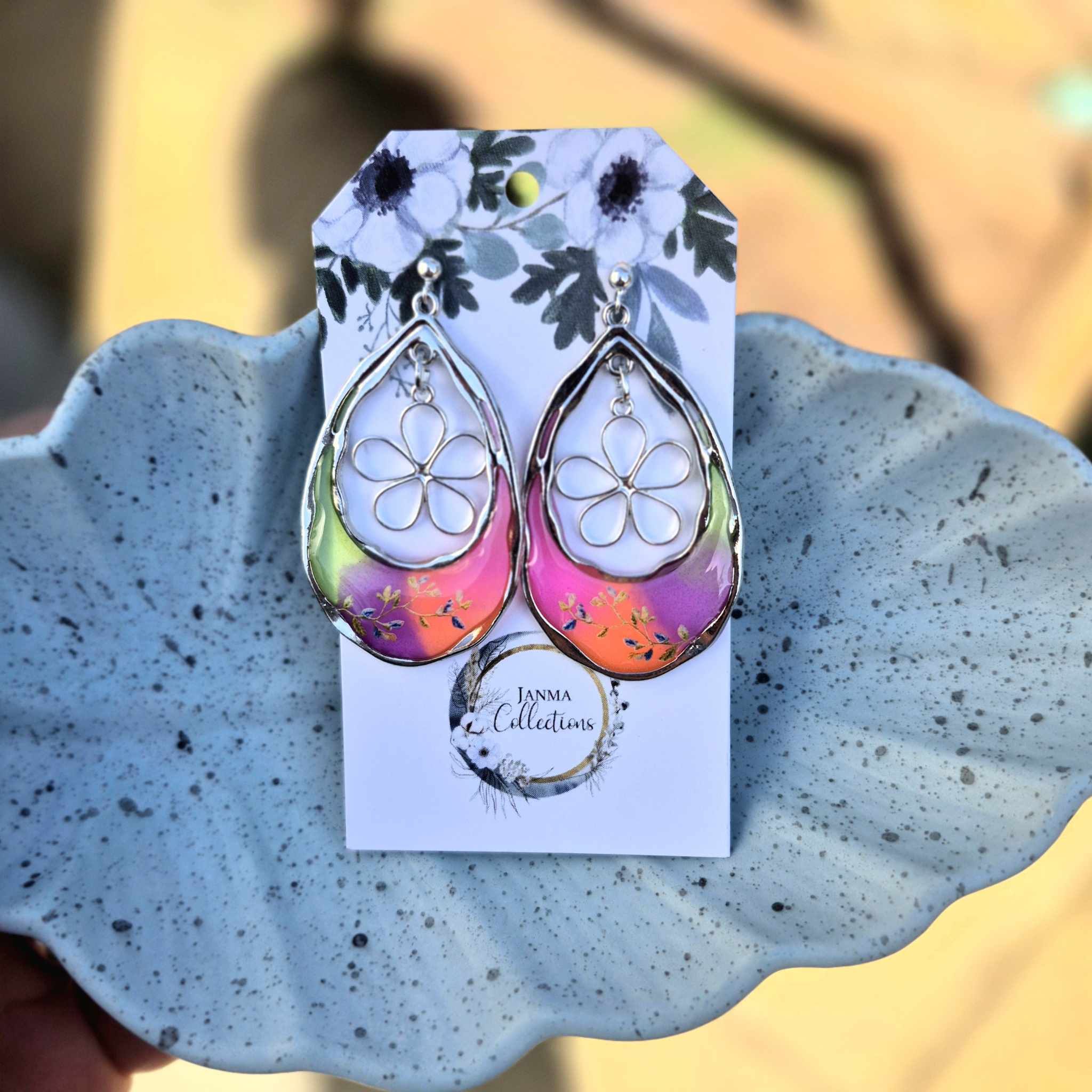 Sterling Silver Stud Drop Resin Flower Earrings