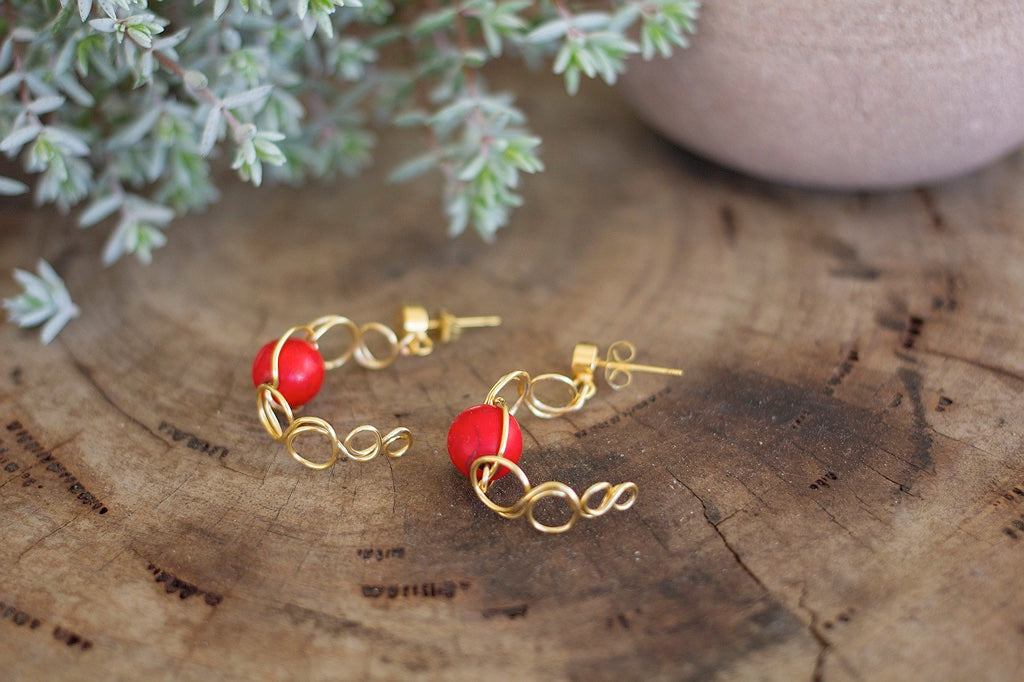 Gold or Silver Loop Stud Earrings With Red Gemstones | Festive Earrings