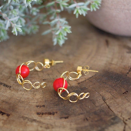 Gold or Silver Wire Loop Stud Earrings With Red Gemstones | Festive Earrings