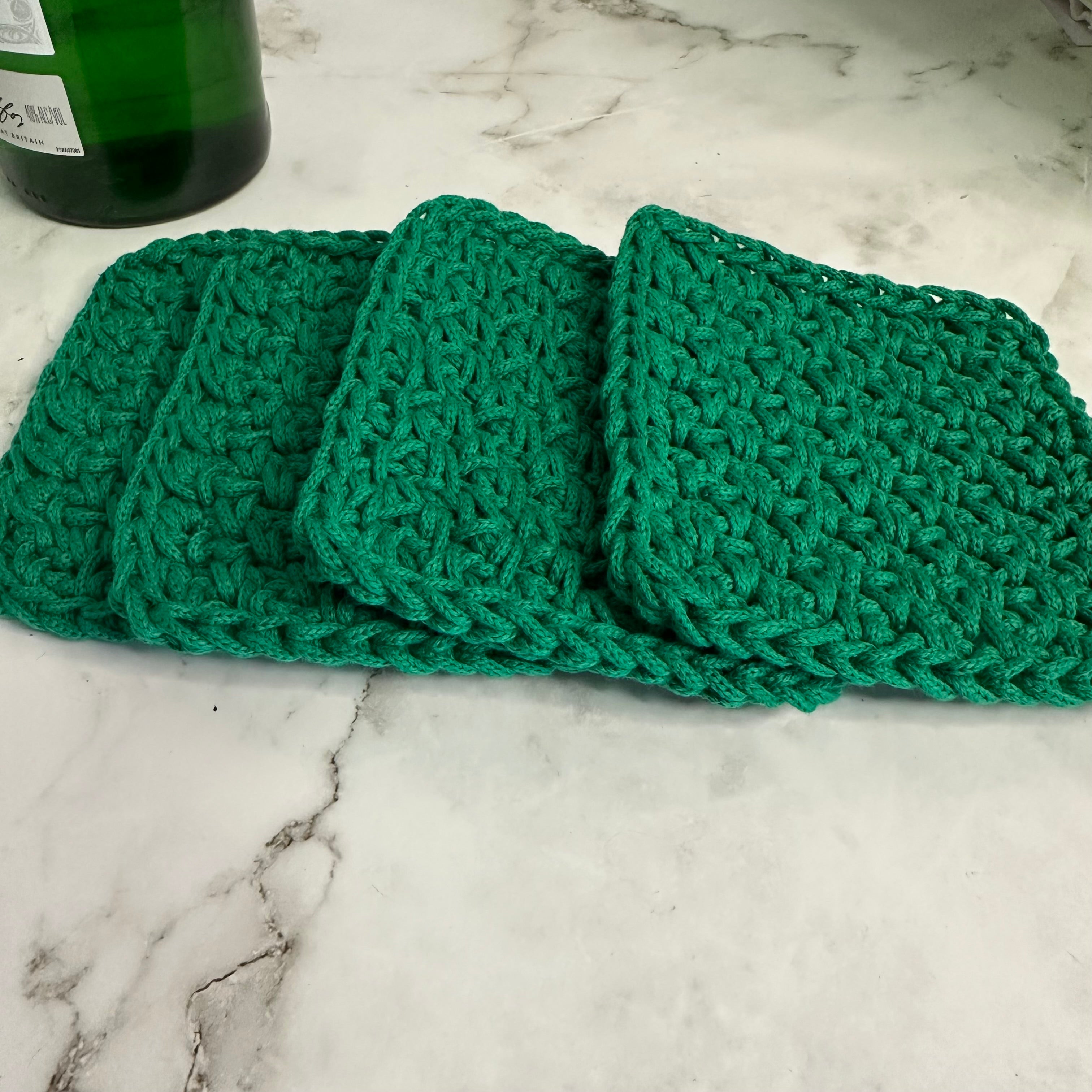 Handmade Emerald Green Braided Yarn Crocheted Coasters