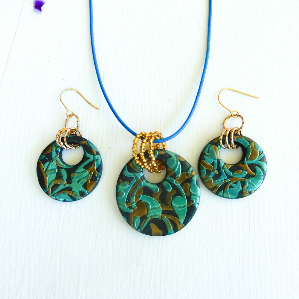 Teal Polymer Clay Earring & Pendant Set "Fractured Teal"