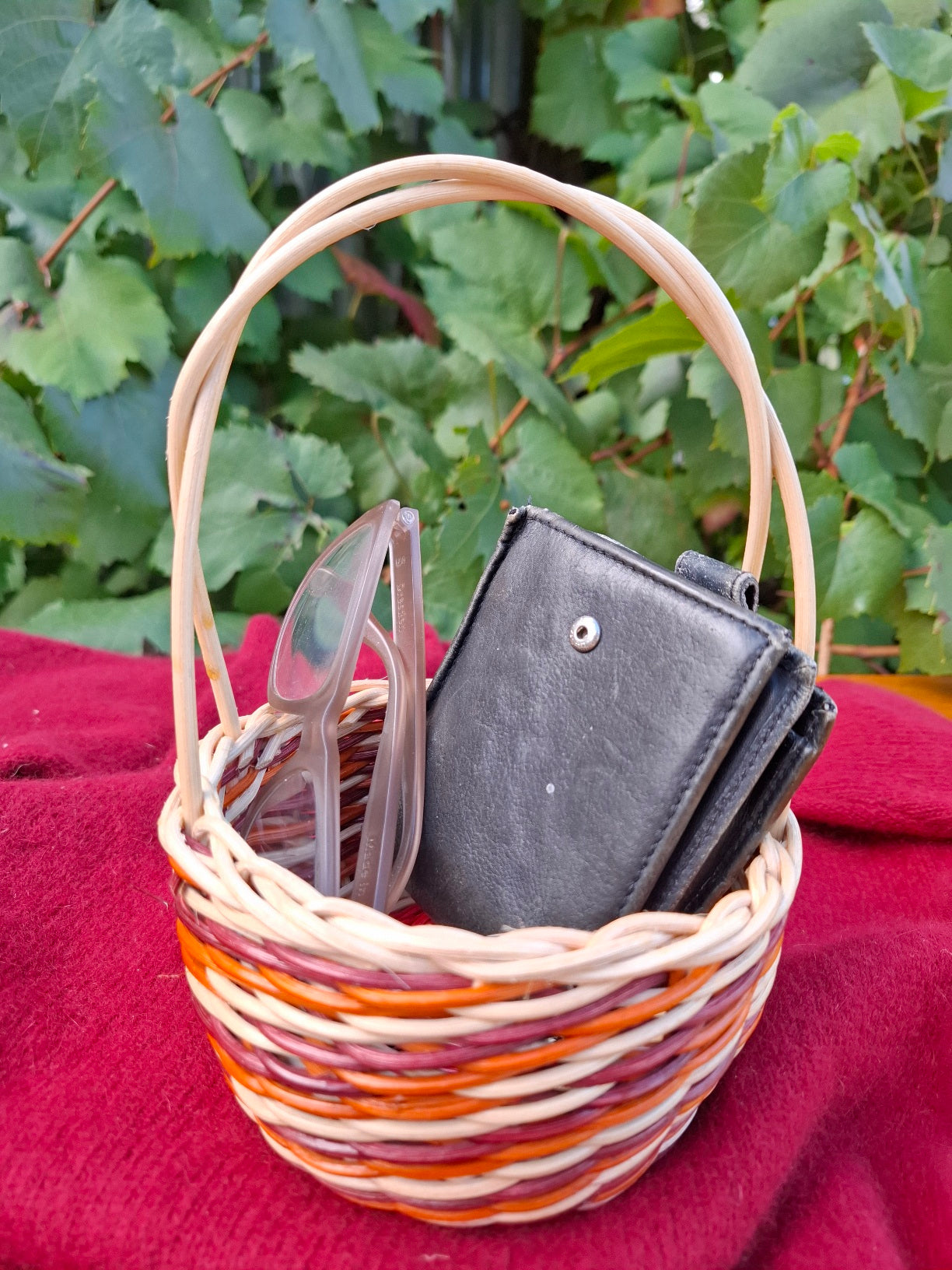small orange brown handled basket