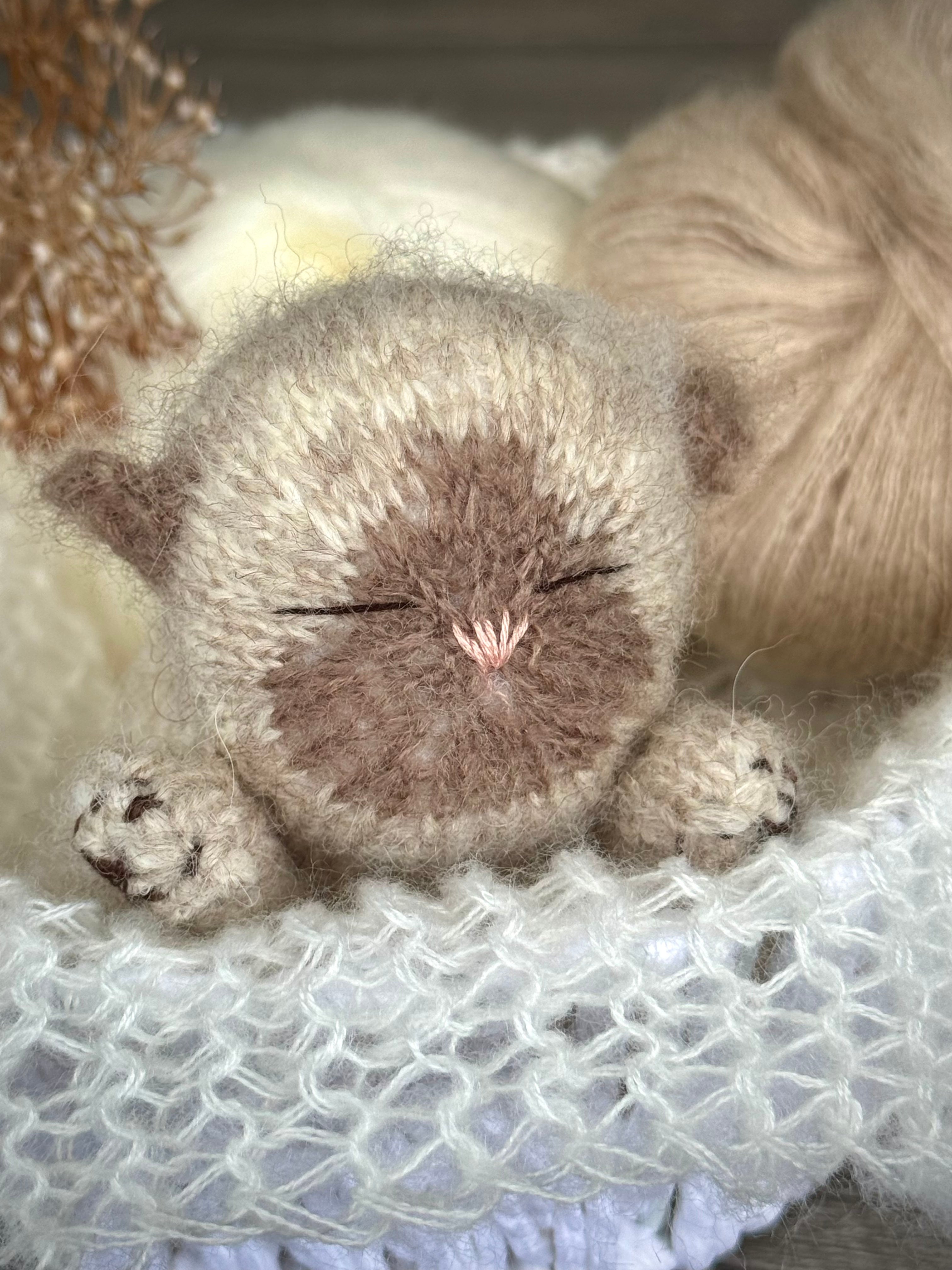 Handmade Brown Siamese Knitted Sleeping Kitty Toy 🐾