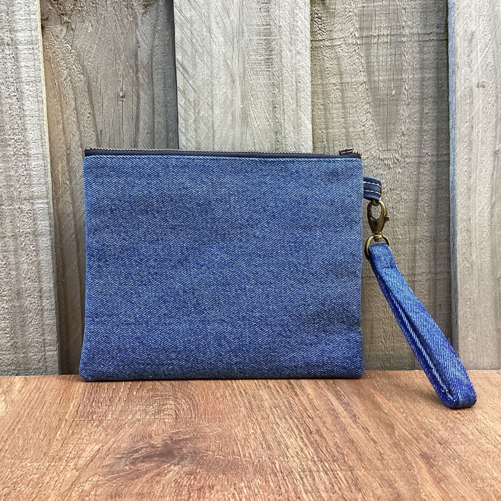 Upcycled Denim Wristlet Purse - Blue Heart