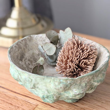 Handcrafted Paper Clay Bowl – Unique Decorative Textured Botanical Green