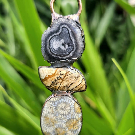 Black Quartz Stalactite, Picture Jasper and Fossilised Coral Copper Electroformed Pendant