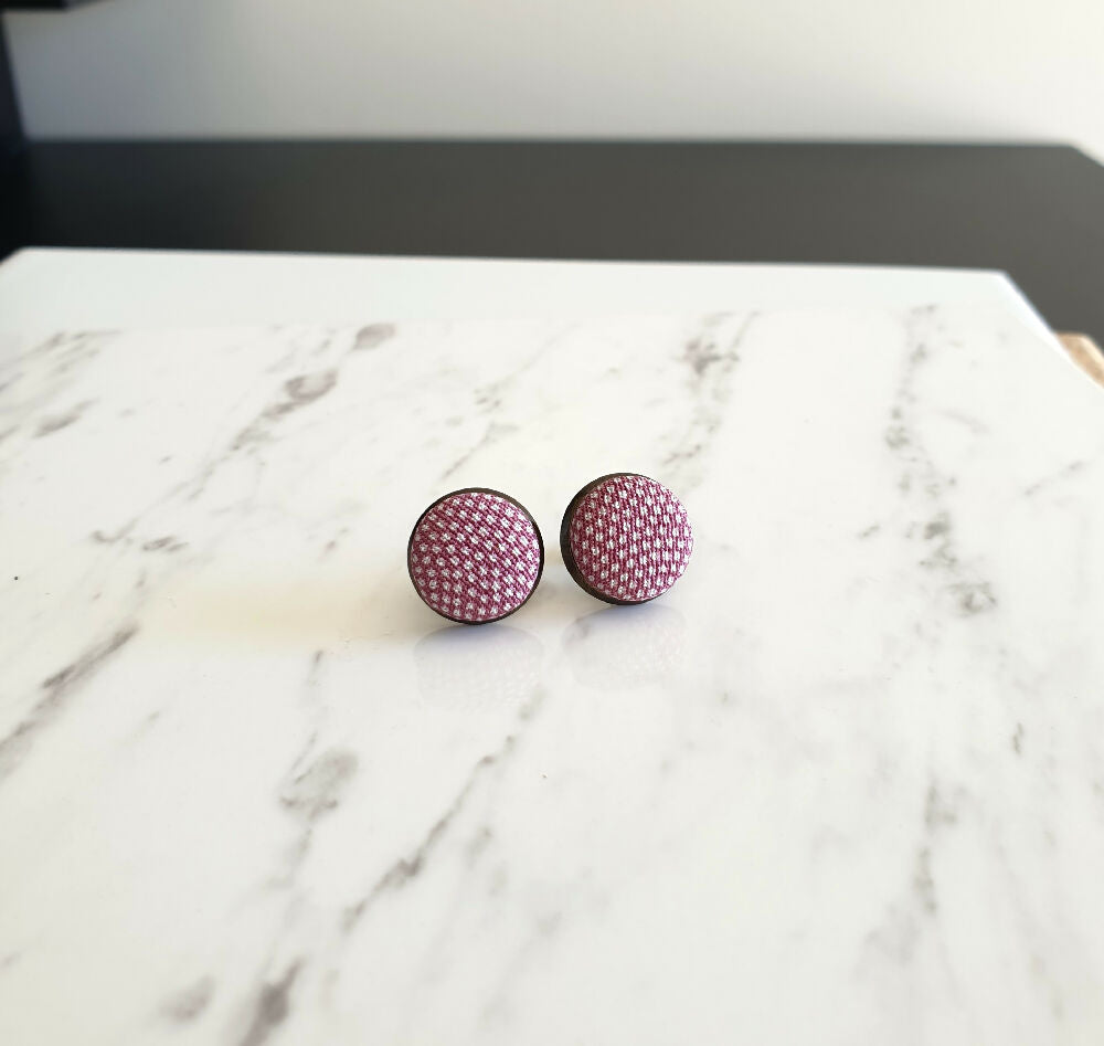 1.4cm Round White dot Purple Kimono Fabric Cabochon stud earrings