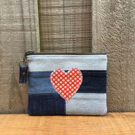 Upcycled Denim Coin Purse - Red Floral Heart
