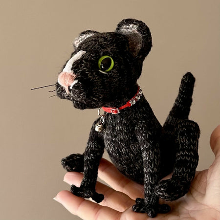 Little Knitted Black Cat with Green Eyes