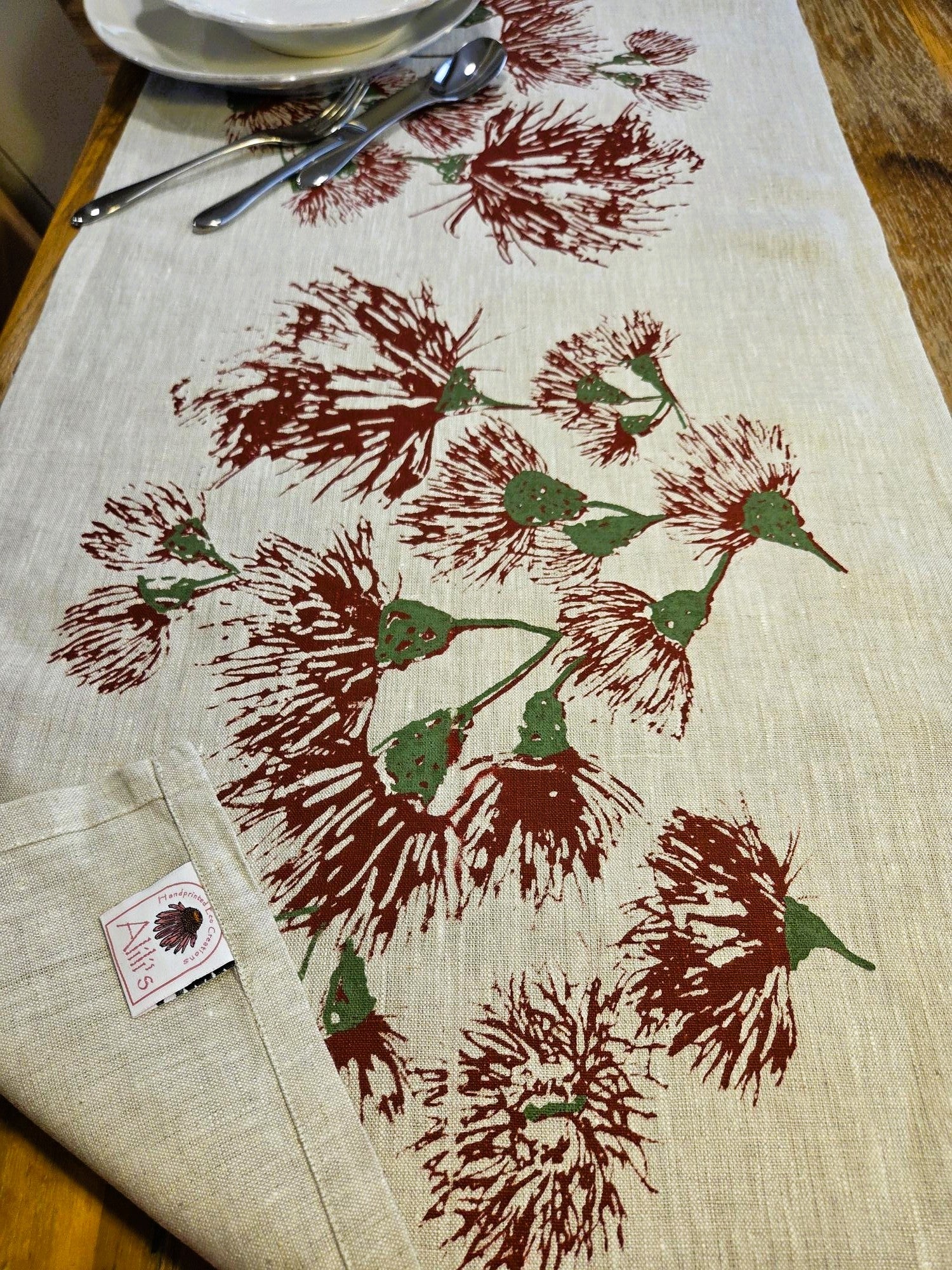 Hand Screen Printed Linen Table Runners-Eucalypt Festive Blossoms