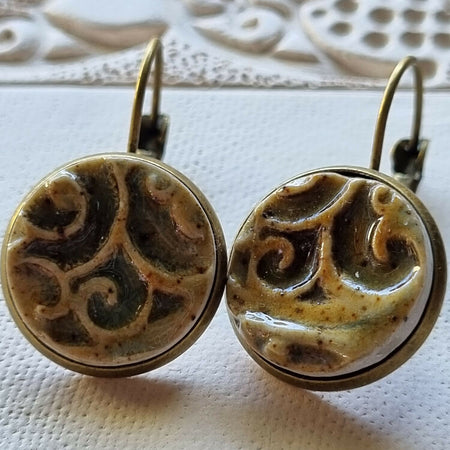 Artisan Ceramic Earrings, Olive Green, Brown, Cream speckled clay tones, 16mm diameter, pierced ears