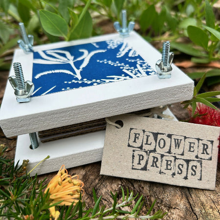 Small Flower Press, DIY Craft, decorated with Native Flora cyanotype art