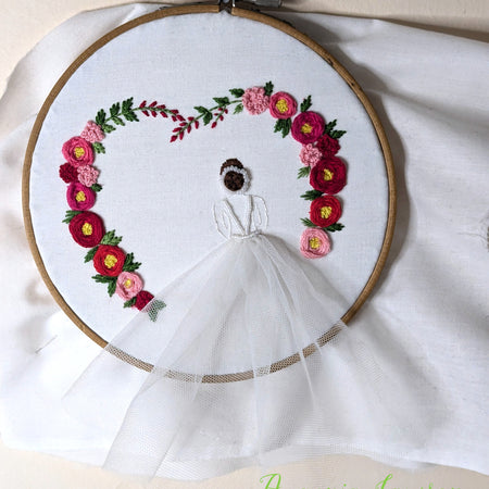 Hand-Embroidered Bride Hoop Art – Custom Name, Initials or Date • Floral Heart & Flowing Tulle Skirt Keepsake