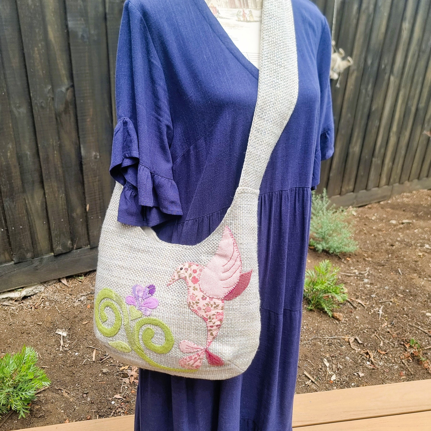 Sadie Jane upcycled hobo bag - hummingbird applique