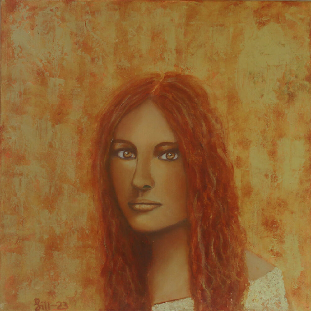 "Surrounded by golden light" portrait in acrylic & oil on canvas