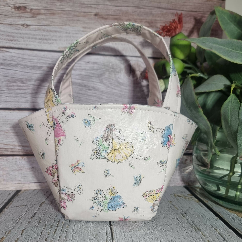 Upcycled mini basket tote - Pastel fairies