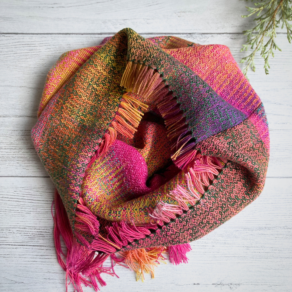 Handwoven cowl - bright pinks and green with extra details