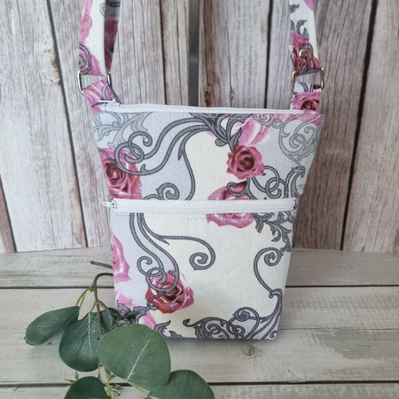 Upcycled small crossbody bag - pink roses, grey swirls