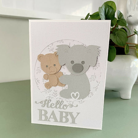 Koala Hello Baby card, new baby, koala with teddy bear.