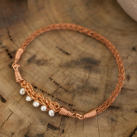 Copper Knitted Wire Pearl Bangle | Viking Style Jewellery
