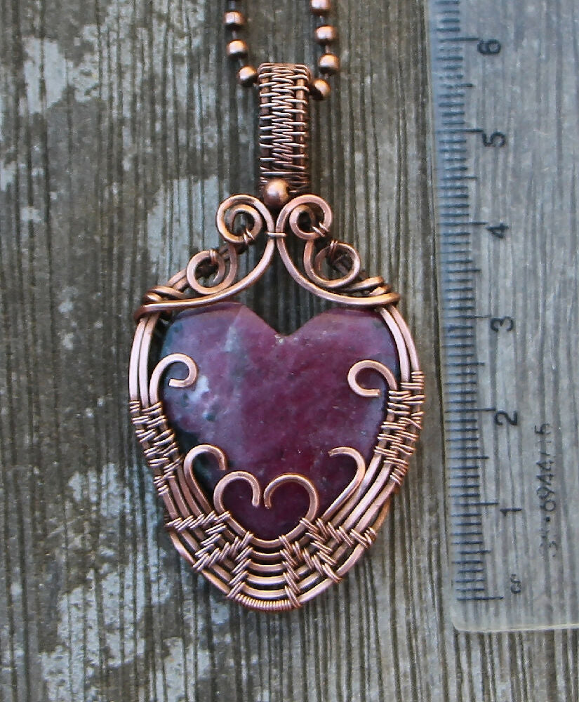 Natural Ruby Heart in woven Copper with chain