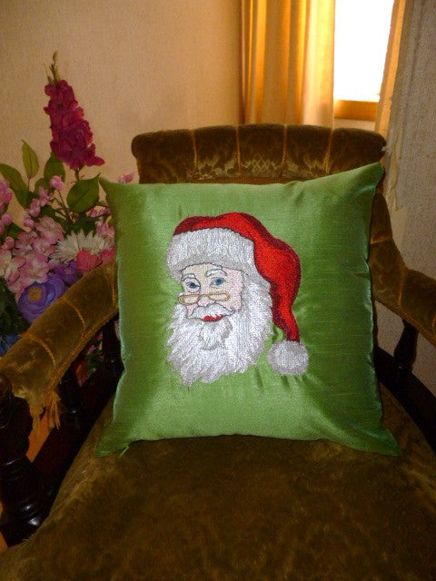 Father Christmas Embroidered Green Silk Cushions