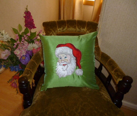 Father Christmas Embroidered Green Silk Cushions