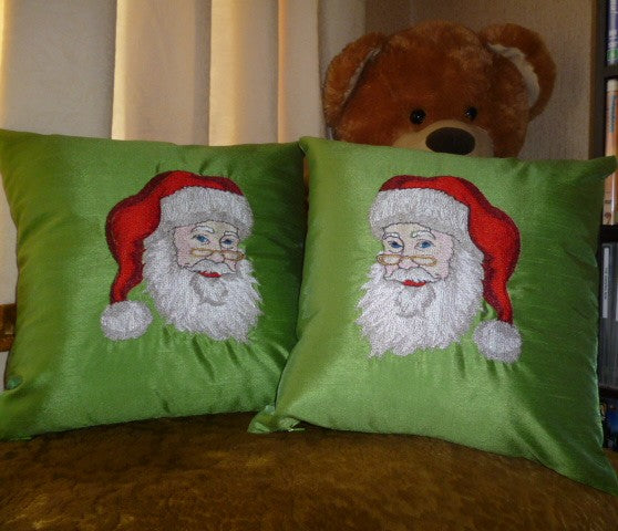 Father Christmas Embroidered Green Silk Cushions