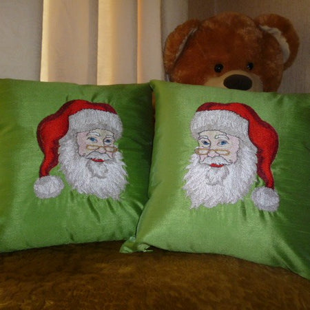 Father Christmas Embroidered Green Silk Cushions