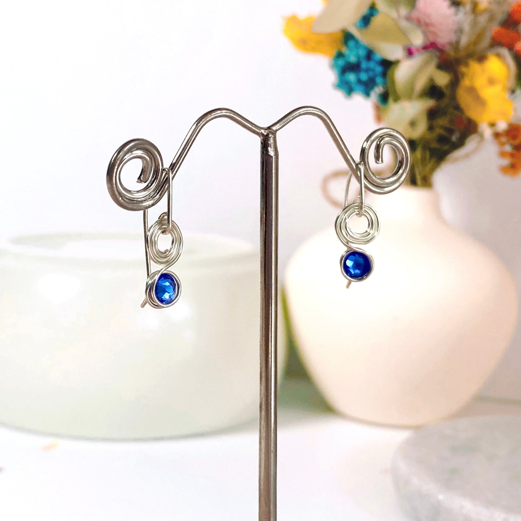 Sapphire blue crystal dangle earrings | Sterling Silver | September birthstone gift