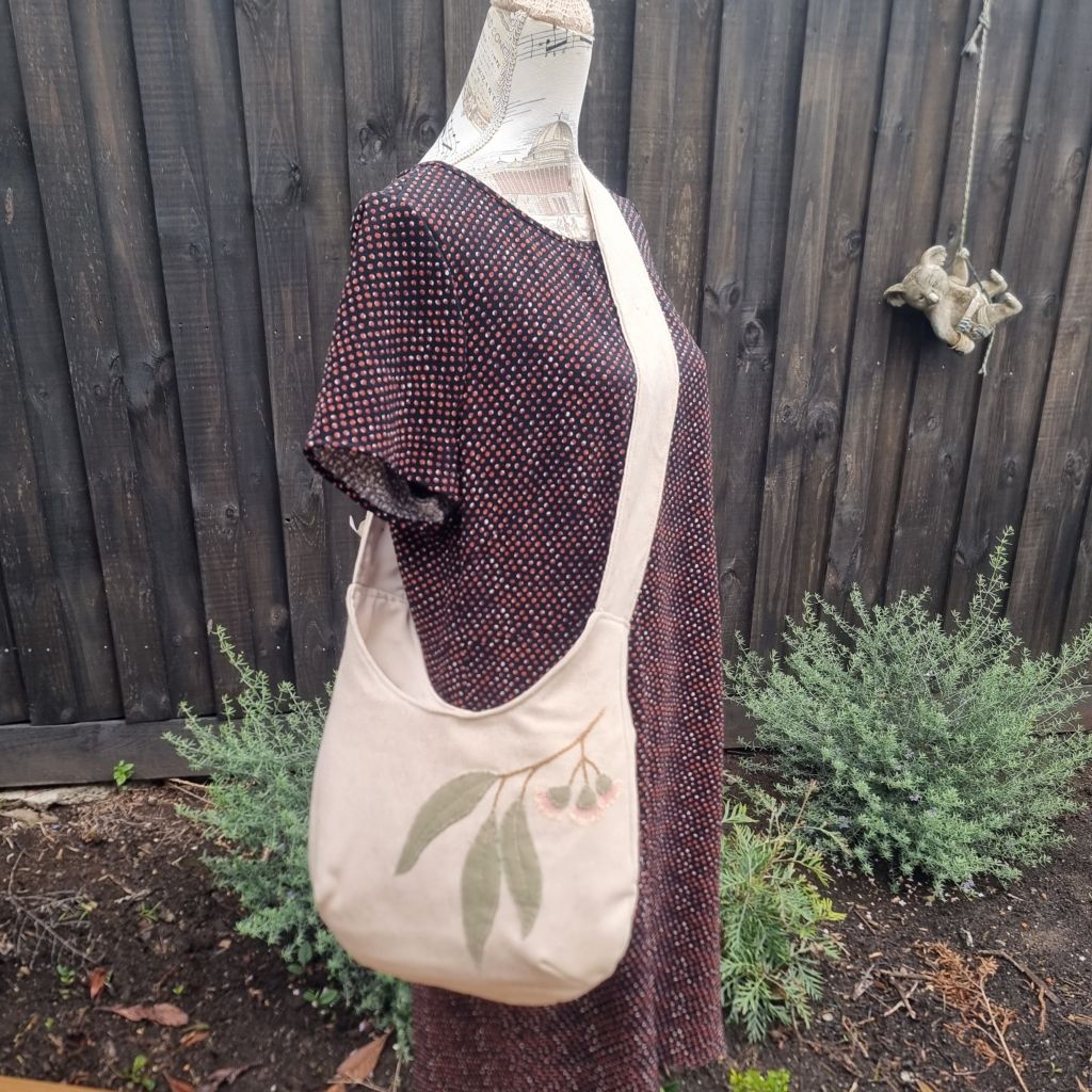 Sadie Jane upcycled hobo bag - appliqued eucalyptus blossom