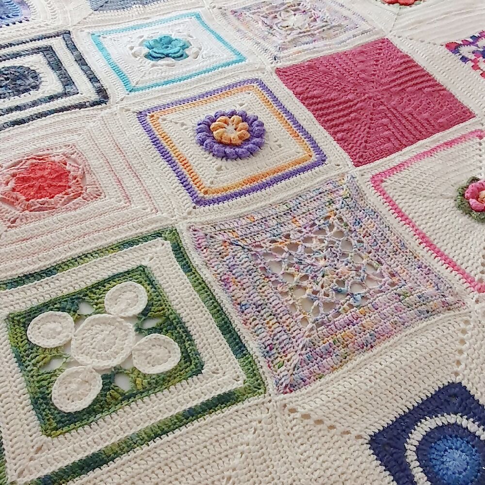 Single Blanket square blocks crochet wool cream multicolour