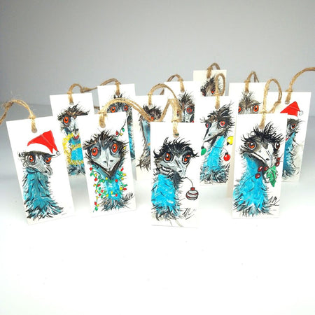 Quirky Handpainted Christmas Australian Bird Tags - Set of 12 Emu Tags