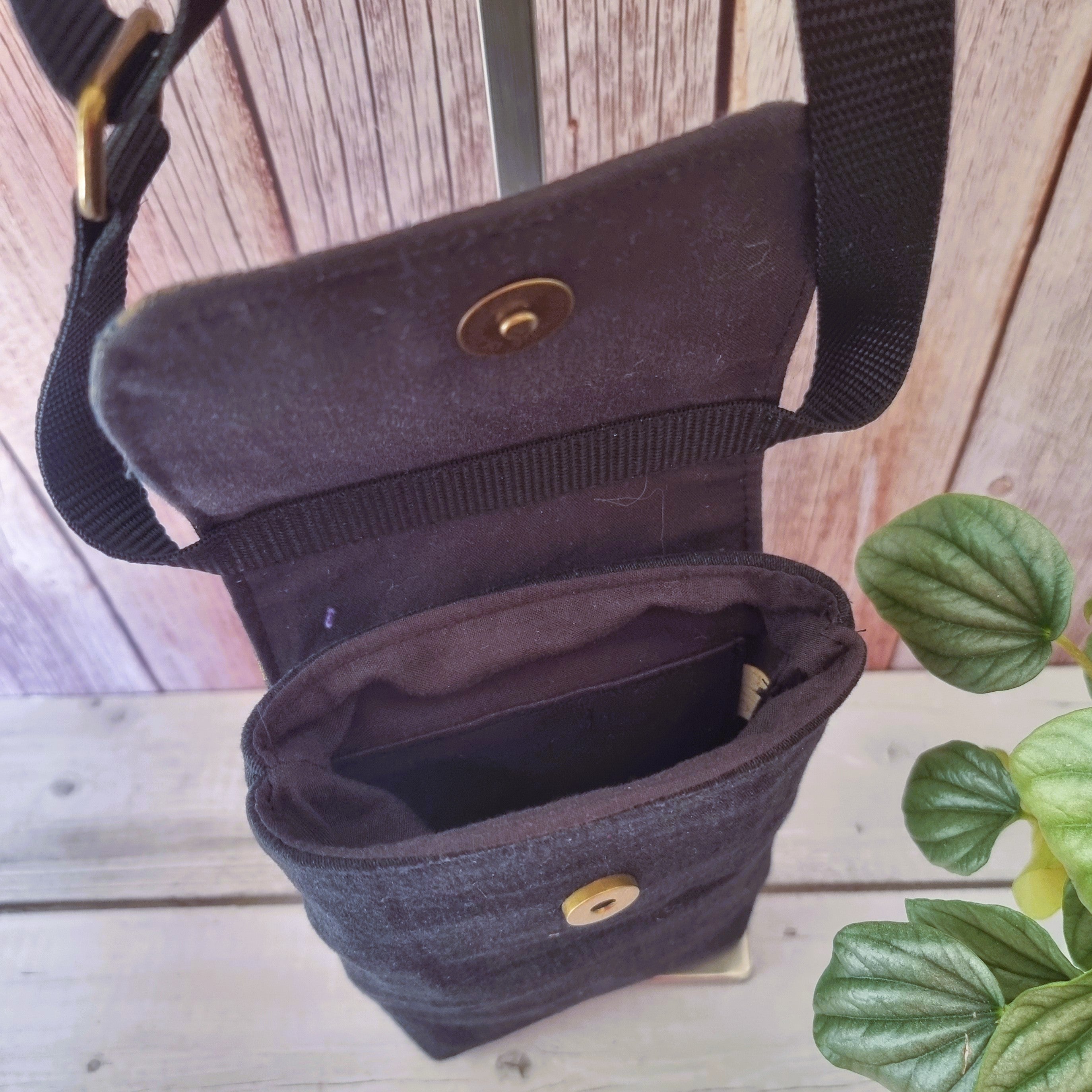 Upcycled handmade medium phone messenger bag - black denim & vintage gold lacy pattern