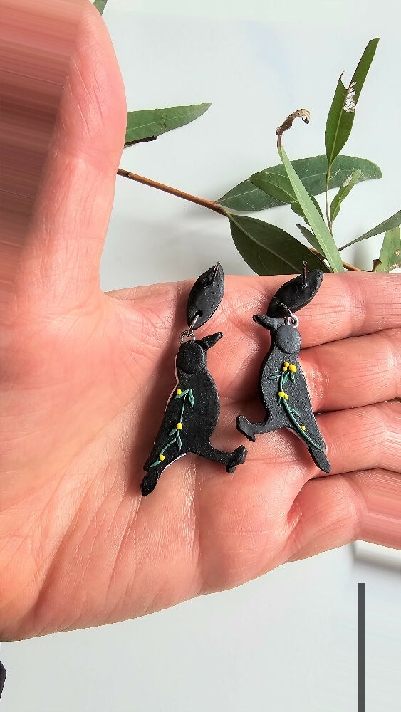 Australian Magpies with Wattle Blooms.Stud Dangle Earrings.