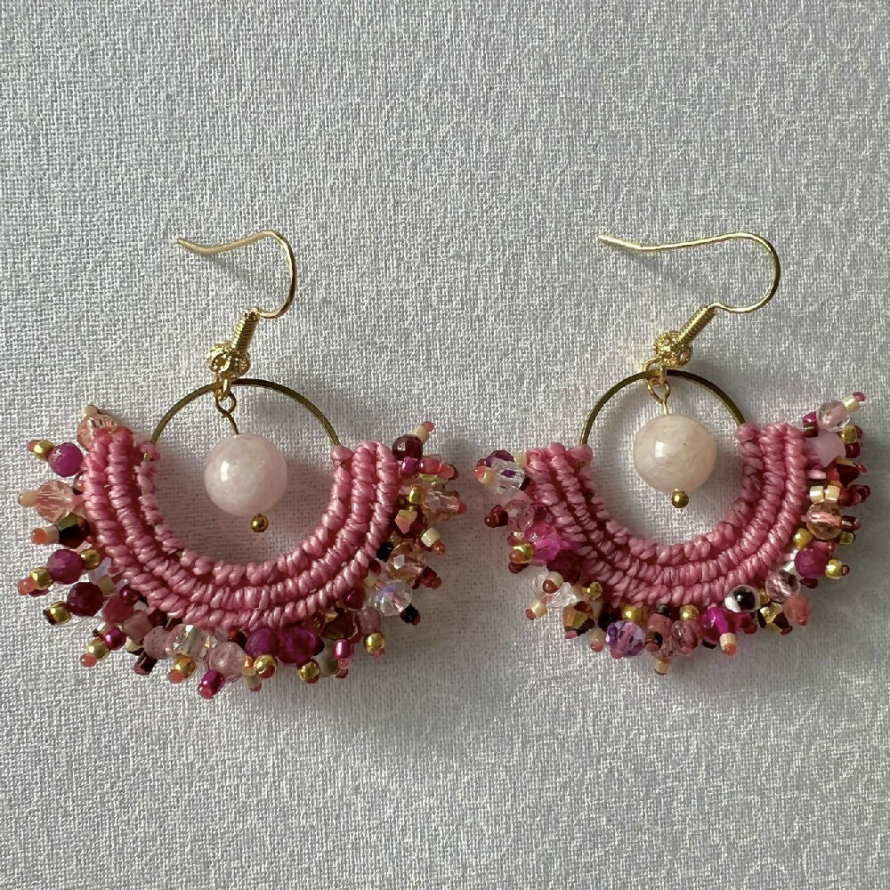 Pink Shades Micro Macrame Earrings gemstone +Free Microfiber Pouch