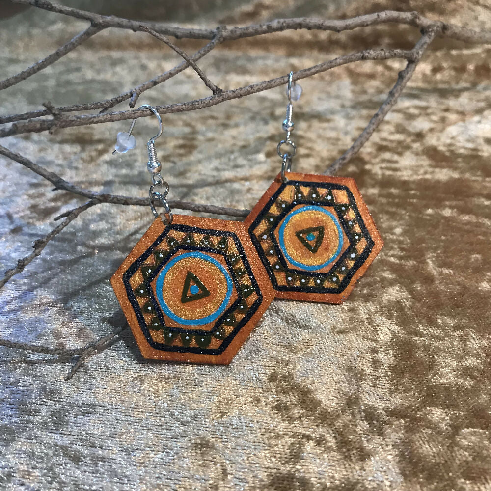 Earrings - Hand Painted Wood Hexagon Mandala