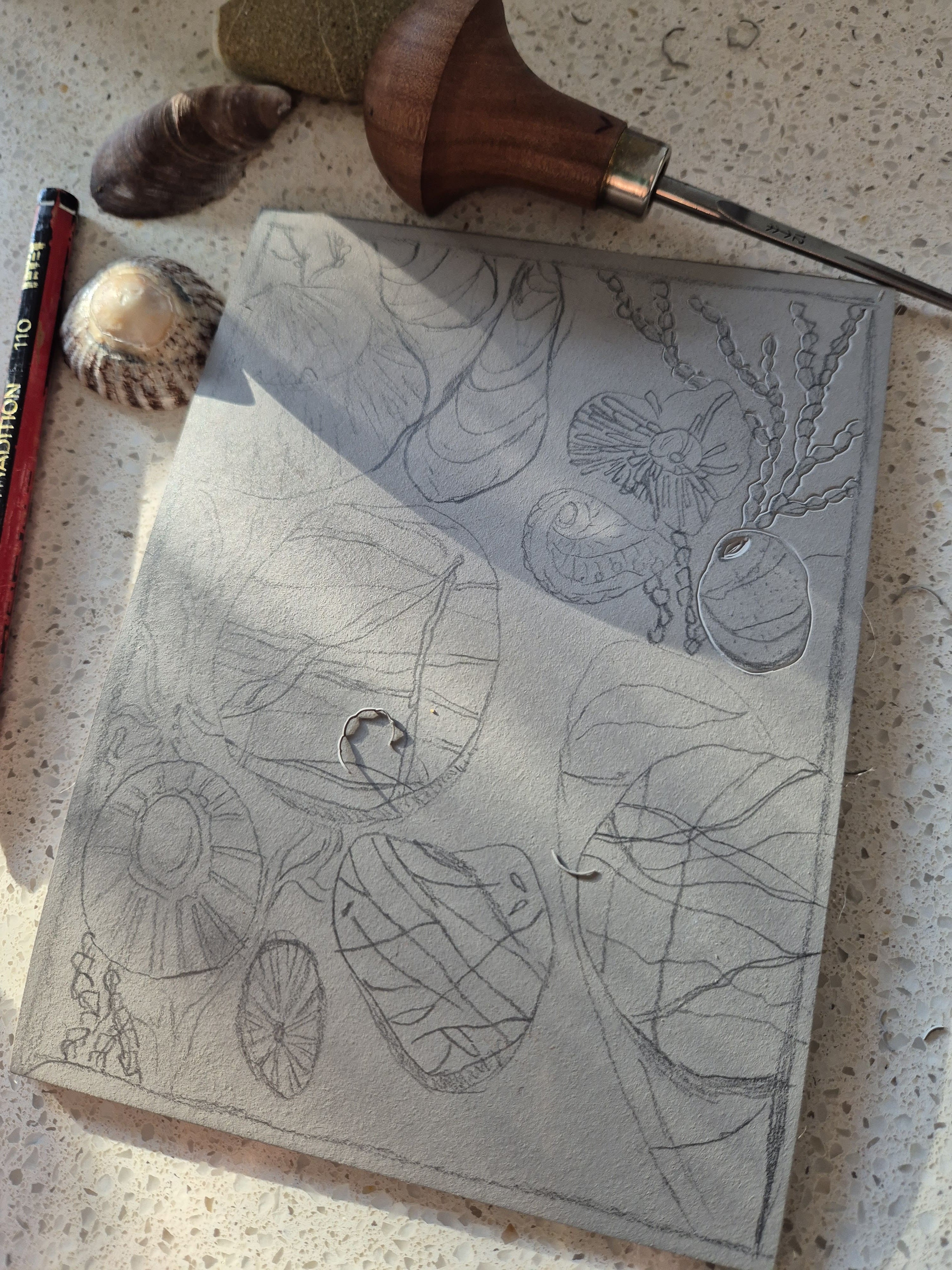 Original linocut art titled Shells and Stones