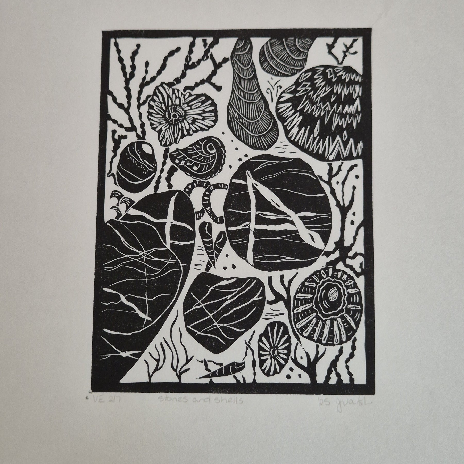 Original linocut art titled Shells and Stones