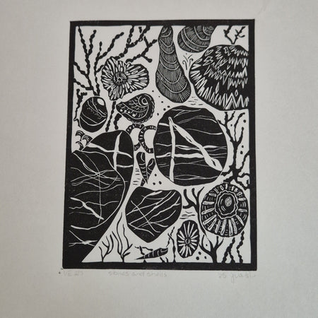 Original linocut art titled Shells and Stones