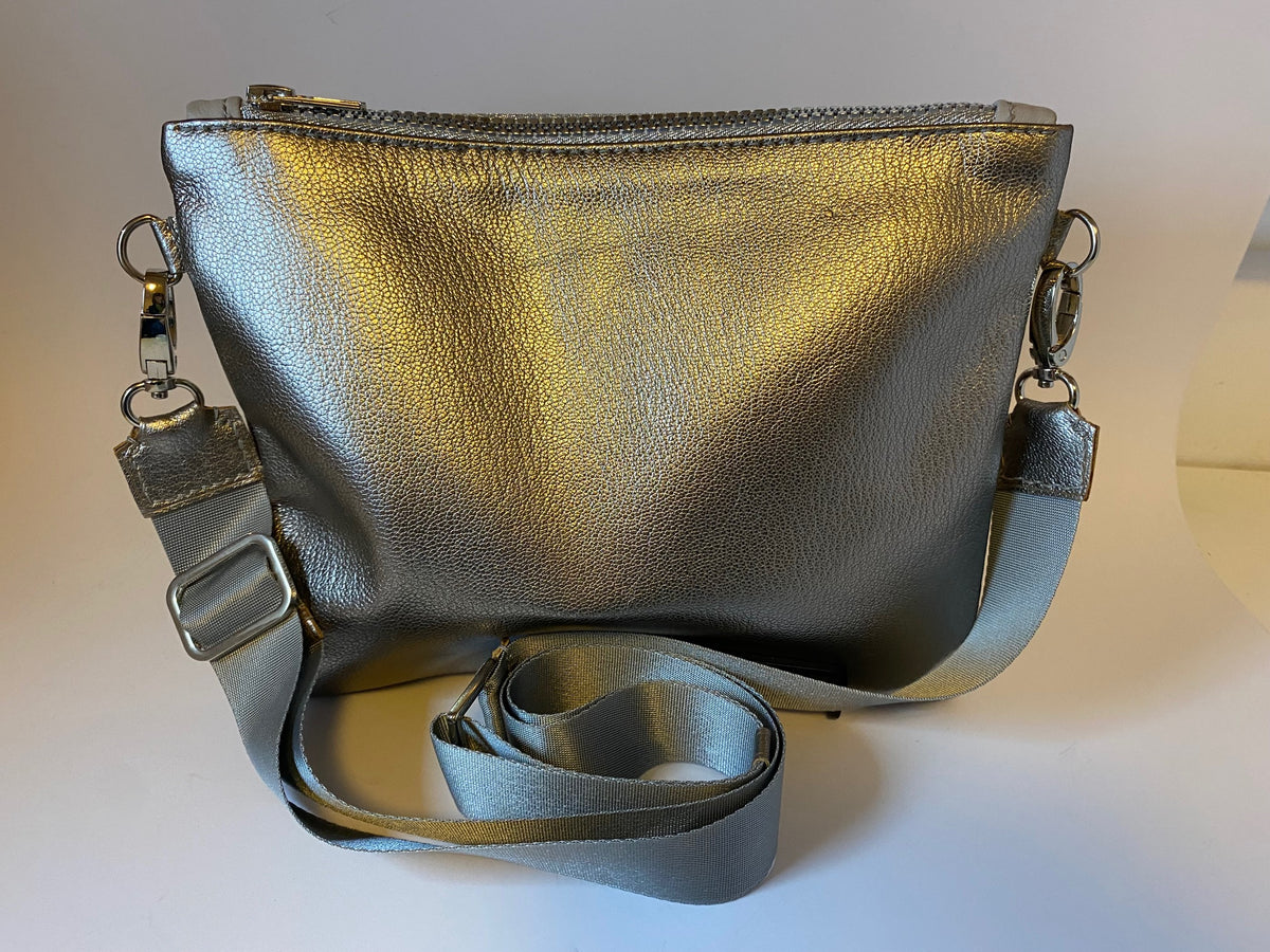 Metallic silver zip top crossbody bag