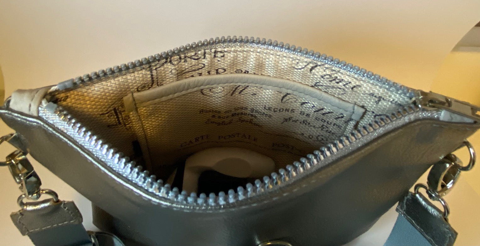 Metallic silver zip top crossbody bag