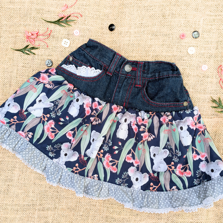Girls Skirt Upcycled Denim Koalas and Gum flowers Size 3-4