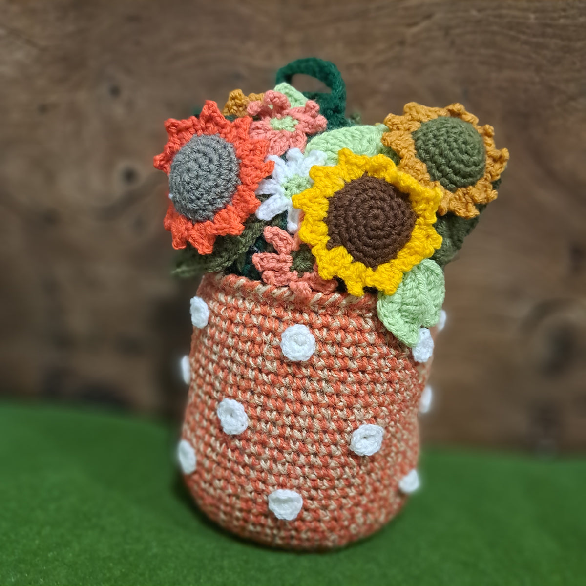 Handmade Crochet flower doorstop, rustic jute, cotton, sunflowers, orange vase