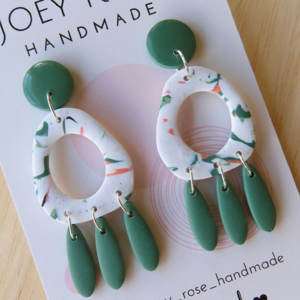 CHRISSY ~ Green & Peach Marbled Print ~ Polymer Clay Earrings