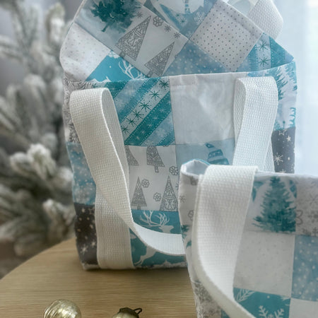 Sustainable Set of 3 Handmade Patchwork Gift Bags – Blue & Silver Christmas Edition